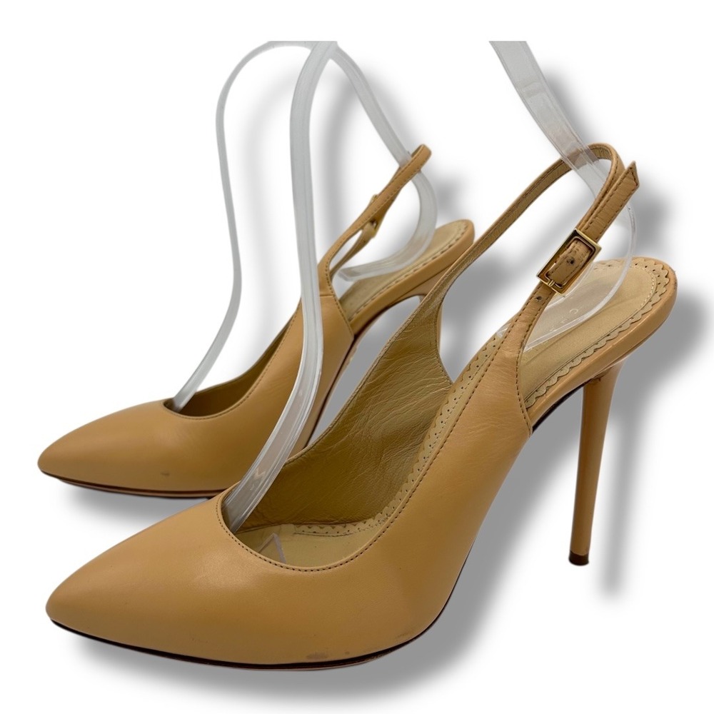 Charlotte Olympia Monroe Leather Slingback Heels Beige Pointed Toe Stiletto 39.5